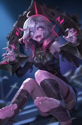  absurdres ahoge bare_shoulders blood blood_from_mouth blurry blurry_background bound bound_wrists breasts briar_(league_of_legends) chained_wrists claw_pose colored_sclera colored_skin detached_sleeves feet female fingernails foreshortening full_body grey_eyes grey_hair grey_skin hair_between_eyes hands_up highres knees_up league_of_legends long_fingernails long_sleeves looking_at_viewer medium_breasts medium_hair multicolored_hair nail_polish no_pupils pillory pink_hair pink_sclera pointy_ears sharp_fingernails sharp_teeth shiny_skin sidelocks sitting smile soles solo stirrup_legwear syami_(choiimi) teeth toeless_legwear toes two-tone_hair two_side_up vampire 