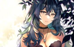  absurdres black_choker blue_hair blurry blurry_foreground breasts brown_eyes choker cleavage closed_mouth collarbone female gradient_hair hair_between_eyes highres jewelry large_breasts looking_at_viewer multicolored_hair narijade necklace original solo upper_body 