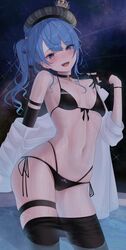  :d absurdres barbell_piercing beret bikini black_bikini black_choker black_gloves black_pantyhose blue_eyes blue_hair breasts choker clothes_pull contrapposto crown ear_piercing female gloves grin hat highres hololive hoshimachi_suisei industrial_piercing long_hair looking_at_viewer mini_crown navel night open_mouth pantyhose pantyhose_pull partially_fingerless_gloves piercing plaid_headwear shooting_star side-tie_bikini_bottom side_ponytail skindentation sky small_breasts smile solo star_(sky) star_(symbol) star_in_eye starry_sky stomach strap_pull swimsuit symbol_in_eye thigh_strap tojo_aoi virtual_youtuber wading water wavy_hair wet 