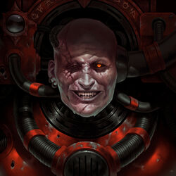  1boy absurdres adrian4rt armor bald battle_damage black_armor black_sclera breastplate bullet_hole chipped_paint colored_sclera commentary english_commentary gauntlets glowing glowing_eyes highres male_focus missing_eye open_mouth orange_eyes power_armor red_armor red_eyes scar scar_on_face sharp_teeth shoulder_armor solo straight-on teeth warhammer_40k 