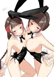  2girls animal_ears black_eyes black_hair black_leotard blush bow bowtie braid breasts brown_eyes brown_hair covered_navel detached_collar fake_animal_ears fake_tail hair_bun hair_ornament hairclip highres kantai_collection large_breasts leotard long_braid long_hair looking_at_viewer multiple_girls myoukou_(kancolle) playboy_bunny rabbit_ears single_braid single_hair_bun small_breasts strapless tail tetsukuzu_(yajirushi_shita) yamashio_maru_(kancolle) 