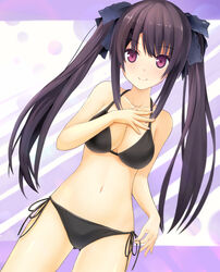  alternate_costume alternate_hairstyle ao_no_kanata_no_four_rhythm arm_at_side bare_arms bikini black_bikini black_hair black_ribbon blush breasts cleavage closed_mouth collarbone commentary_request cowboy_shot dutch_angle female hair_between_eyes hair_ornament hair_ribbon halterneck hand_on_own_chest holding holding_ribbon large_breasts long_hair looking_at_viewer navel purple_background purple_eyes ribbon side-tie_bikini_bottom sidelocks simple_background smile solo standing swimsuit tobisawa_misaki twintails two-tone_background very_long_hair white_background x_hair_ornament xiexianglg 