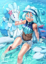  :d absurdres akrun blue_eyes blue_hair colored_eyelashes commentary dark-skinned_female dark_skin dive_ball eyelashes female hatsune_miku highres long_hair looking_at_viewer petting piano_print poke_ball pokemon pokemon_(creature) primarina project_voltage sitting smile swimsuit tan tanlines twintails very_long_hair visor_cap vocaloid water water_miku_(project_voltage) wet zipper_pull_tab 