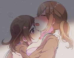  2girls bang_dream! blonde_hair blush bra breasts brown_hair brown_shirt closed_eyes commentary_request hair_ears hair_ornament hairclip hanasakigawa_school_uniform heart ichigaya_arisa large_breasts licking licking_another&#039;s_neck medium_hair multiple_girls natsuha_(728_24) open_clothes open_shirt pink_bra sailor_collar school_uniform shirt sidelocks star_(symbol) star_hair_ornament thought_bubble toyama_kasumi twintails underwear white_sailor_collar yuri 