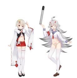  2girls absurdres ahoge azur_lane black_hair blue_sailor_collar cosplay costume_switch cropped_shirt crossover gradient_hair grey_hair hibiki_(azur_lane) hibiki_(azur_lane)_(cosplay) hibiki_(warship_girls_r) hibiki_(warship_girls_r)_(cosplay) highres historical_name_connection holding holding_torpedo horns japanese_clothes long_hair mrw45 multicolored_hair multiple_girls name_connection navel neckerchief okobo one_eye_closed open_mouth panties pleated_skirt red_eyes red_horns red_neckerchief red_skirt sailor_collar sandals school_uniform shirt short_hair side-tie_panties simple_background skirt smile stomach thighhighs torpedo underwear warship_girls_r white_background white_panties white_shirt white_thighhighs wide_sleeves zettai_ryouiki 