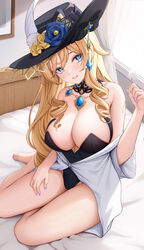  absurdres arayuki_(sakurafubuki) bare_shoulders barefoot black_hat black_leotard blonde_hair blue_eyes blush breasts cleavage commentary_request detached_collar drill_hair drill_sidelocks feet female flower genshin_impact grin hat hat_feather hat_flower highleg highleg_leotard highres holding jewelry lap_pillow_invitation large_breasts leotard leotard_under_clothes long_hair looking_at_viewer mimikaki nail_polish navia_(genshin_impact) necklace off_shoulder on_bed picture_frame shirt shirt_partially_removed sidelocks sitting smile solo sparkling_eyes thighs toenail_polish toenails toes wainscoting white_shirt yokozuwari 