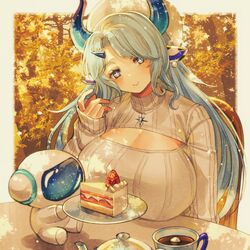  animal_ears astro_(miilkywayz) autumn_leaves blue_eyes blue_hair blue_horns breast_rest breasts breasts_on_table cake cake_slice chair cleavage cleavage_cutout clothing_cutout commission cow_ears cow_girl cow_horns cup earrings female food fruit grey_sweater hair_ornament hairclip horns huge_breasts indie_virtual_youtuber jewelry kokuzu long_hair mascot miilkywayz mole mole_under_mouth pearl_earrings ribbed_sweater robot second-party_source skeb_commission sleeves_past_wrists sparkling_eyes strawberry sweater table teacup teapot tree upper_body virtual_youtuber 