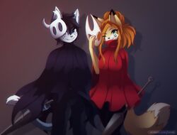  2023 anthro arthropod breasts canid canine canis cloak clothed clothing cosplay digital_media_(artwork) domestic_cat duo eipril elisabeth_(eipril) felid feline felis female fox hair halloween hi_res holidays hollow_knight hornet_(hollow_knight) insects male mammal mask melee_weapon rouen_(eipril) sword team_cherry weapon widescreen 