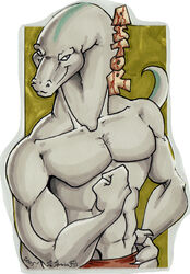  abs anthro apatosaurus astor biceps brown_clothing clothed clothing con_badge dinosaur diplodocid extinct grey_body grey_skin lizardbeth long_neck male marker_(artwork) muscular muscular_anthro muscular_male navel pecs prehistoric_species reptile sauropod sauropodomorph scalie simple_background solo tail traditional_media_(artwork) 