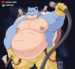  2023 anthro anthrofied axe belly black_background blastoise bottomwear cannon clothed clothing firefighter generation_1_pokemon gloves handwear hi_res holding_object hose love_handles male moobs navel nintendo nipples non-mammal_nipples obese obese_anthro obese_male overweight overweight_anthro overweight_male pants patreon pokemon pokemon_(species) pokemorph ranged_weapon shell shoulder_cannon simple_background smile solo stompsyeen suspenders text topless topless_anthro topless_male twitch.tv url watermark weapon 