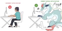  annoyed bad_posture before_and_after blue_body blue_fur chair clothed clothing correct_gaming_posture desk dragon drawing eastern_dragon electronics english_text feral fur furniture furred_dragon furred_scalie good_posture horn human male mammal meme monitor mythological_creature mythological_scalie mythology nude oshoku_momiji red_body red_fur scalie simple_background solo table tail tail_tuft text transformation tuft white_background 