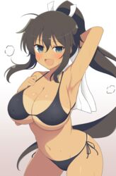  armpits bikini black_bikini black_hair blush breasts cleavage commentary_request female hair_tie heavy_breathing highres homura_(senran_kagura) large_breasts long_hair manjou_(q_tiwj) navel open_mouth ponytail senran_kagura string_bikini sweat swimsuit tan tanlines towel 