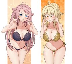  2girls absurdres animal_print black_bra black_panties blonde_hair blue_eyes blush bra breasts cleavage collarbone highres large_breasts leaning_forward leopard_print lingerie long_hair love_live! love_live!_nijigasaki_high_school_idol_club medium_hair miyashita_ai mole mole_under_eye multiple_girls navel panties pink_hair print_bra print_panties ryusei short_ponytail sidelocks smile stomach two_side_up underwear underwear_only yellow_eyes zhong_lanzhu 