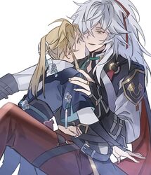  2boys ahoge armor armored_gloves blonde_hair bridal_gauntlets cape collared_shirt eye_contact grey_hair hair_over_one_eye hair_ribbon honkai:_star_rail honkai_(series) jacket jing_yuan layered_sleeves leg_belt long_hair looking_at_another male_focus mole mole_under_eye multiple_boys o-ring pants pauldrons ponytail red_pants red_ribbon ribbon ring_hair_ornament shirt shoulder_armor sidelocks simple_background smile starim04 waist_sash white_background white_jacket white_shirt yanqing_(honkai:_star_rail) yaoi yellow_eyes 