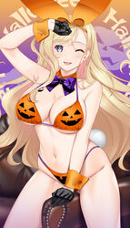  absurdres animal_ears arm_support arm_up bikini black_gloves blonde_hair bow bowtie breasts cameltoe cleavage closed_mouth collar commentary couch detached_collar fake_animal_ears fake_tail female gloves halloween halloween_costume halterneck hataraki_kuma highres jack-o&#039;-lantern_print large_breasts long_hair looking_at_viewer navel on_couch one_eye_closed open_mouth orange_bikini orange_collar original playboy_bunny print_bikini purple_bow purple_bowtie rabbit_ears rabbit_tail sitting smile solo string_bikini swimsuit tail text_background wing_collar wrist_cuffs 