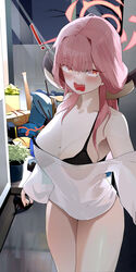  absurdres aru_(blue_archive) bare_legs bare_shoulders black_bra blue_archive blunt_bangs bra breasts demon_horns female halo highres horns indoors large_breasts long_hair looking_at_viewer no_pants open_mouth pink_hair ryeon_(bluetom1) see-through see-through_shirt shirt solo surprised thighs underwear white_shirt yellow_eyes 