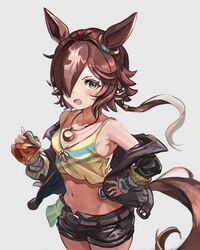  absurdres animal_ears black_jacket black_shorts blush breasts commentary_request cowboy_shot crop_top ear_ornament female flask hair_ornament hair_over_one_eye hand_on_own_hip highres holding holding_flask horse_ears horse_girl horse_tail jacket jacket_partially_removed jewelry long_hair magett midriff multicolored_hair navel necklace open_clothes open_jacket open_mouth short_shorts shorts simple_background small_breasts solo stopwatch stopwatch_around_neck streaked_hair tail tank_top umamusume vodka_(umamusume) white_background white_hair yellow_eyes yellow_tank_top 