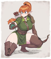  armor belt belt_buckle blue_eyes boots bow_(weapon) breasts brown_belt brown_footwear brown_gloves buckle chest_belt closed_mouth collarbone collared_shirt commentary corset curvy elbow_gloves elf female full_body gloves green_shirt grey_background hair_between_eyes high_ponytail holding holding_bow_(weapon) holding_leaf holding_weapon large_breasts leaf long_hair looking_to_the_side orange_hair original pointy_ears ponytail quiver shadow shirt shoulder_armor signature simple_background solo spacezin squatting thick_thighs thigh_boots thighs weapon 