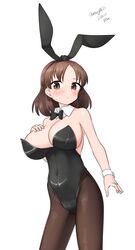  absurdres animal_ears black_bow black_bowtie black_leotard black_pantyhose bow bowtie breasts brown_eyes brown_hair chiyoda_(kancolle) covered_navel cowboy_shot detached_collar female forehead hand_on_own_chest highres kantai_collection large_breasts leotard looking_at_viewer maru_(marg0613) one-hour_drawing_challenge pantyhose playboy_bunny rabbit_ears short_hair solo standing strapless strapless_leotard wrist_cuffs 