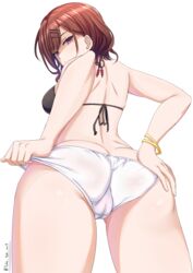  absurdres adjusting_clothes adjusting_swimsuit ass back bikini bracelet brown_hair commentary_request female from_below glaring hair_ornament hairclip hand_on_own_ass highres higuchi_madoka idolmaster idolmaster_shiny_colors jewelry looking_at_viewer looking_back mole mole_under_eye partial_commentary purple_eyes shaded_face short_hair simple_background solo standing swimsuit takatsuki_p twitter_username white_background 