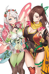  2girls absurdres ahoge asymmetrical_legwear bare_shoulders blue_eyes braid breasts brown_eyes brown_hair brown_pantyhose butterfly_hair_ornament butterfly_wings capelet closed_mouth cross-laced_clothes cross-laced_dress dress english_commentary fairy fairy_wings fire_emblem fire_emblem_fates fire_emblem_heroes flower food_print french_braid gradient_clothes green_bracelet green_hairband grey_hair hair_ornament hair_over_one_eye hair_vines hairband harness highres insect_wings kagero_(fire_emblem) kagero_(resplendent)_(fire_emblem) large_breasts leaf_bracelet leather_belt looking_at_viewer low_twin_braids low_twintails medium_breasts microdress multiple_girls nina_(fire_emblem) nina_(resplendent)_(fire_emblem) official_alternate_costume pantyhose parted_bangs pinepin pink_capelet pink_flower plant scarf thorns twin_braids twintails v vine_print vines watermelon_print white_flower wings yellow_scarf 