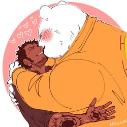  1:1 2023 anthro bear bepo_(one_piece) blush duo ear_piercing ear_ring fur hug human human_on_anthro humanoid_hands interspecies kissing male male/male male_on_anthro male_on_human mammal minkmen_(one_piece) nekokat42 one_piece overweight overweight_male piercing polar_bear ring_piercing simple_background tattoo trafalgar_law ursine white_body white_fur 