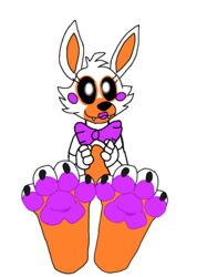  4_toes anthro canid canine feet female five_nights_at_freddy&#039;s five_nights_at_freddy&#039;s_2 five_nights_at_freddy&#039;s_world foot_fetish foot_focus fox fur hi_res lolbit_(fnaf) looking_at_viewer mammal pawpads paws scottgames simple_background smile solo toes unknown_artist 