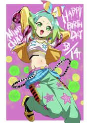  :d arms_up belt blue_hair blush bow breasts chain_necklace chains character_name commentary_request cropped_shirt edamame_(buruburu) female fishnet_top fishnets foot_out_of_frame gradient_hair green_eyes green_hair green_pants hairband hairbow happy_birthday highres idol_time_pripara jacket jewelry long_sleeves looking_at_viewer multicolored_hair navel necklace nijiiro_nino oerba_yun_fang open_clothes open_jacket open_mouth pants pink_background pink_belt pink_hairband pretty_series print_pants pripara shoes short_hair small_breasts smile solo standing standing_on_one_leg star_(symbol) star_print streetwear triangle_hair_ornament yellow_footwear yellow_jacket 