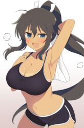  armpits black_hair black_sports_bra blush breasts cleavage commentary_request female gym_shorts hair_tie heavy_breathing highres homura_(senran_kagura) large_breasts long_hair manjou_(q_tiwj) navel open_mouth ponytail senran_kagura shorts sports_bra sweat tan tanlines towel 