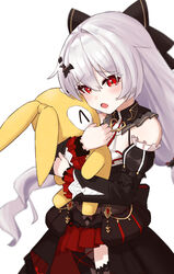  &gt;_&lt; absurdres bare_shoulders black_bow black_dress black_sleeves blush bow commentary_request detached_sleeves dress erio_dazima female frilled_sleeves frills hair_between_eyes hair_ornament hairbow highres homu_(honkai_impact) honkai_(series) honkai_impact_3rd hugging_object juliet_sleeves long_hair long_sleeves looking_at_viewer oerba_yun_fang open_mouth puffy_sleeves red_eyes simple_background solo stuffed_toy theresa_apocalypse theresa_apocalypse_(luna_kindred) theresa_apocalypse_(lunar_vow:_crimson_love) very_long_hair white_background white_hair 