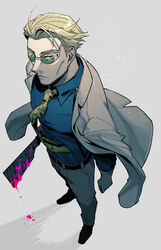  1boy arms_at_sides belt black_belt blonde_hair blood blood_on_weapon blue_shirt cheekbones closed_mouth coat coat_on_shoulders collared_shirt foreshortening from_above frown grey_background jujutsu_kaisen kan_(pyy_c12) looking_up male_focus mature_male nanami_kento necktie pants pink_blood shirt short_hair simple_background tinted_eyewear weapon white_coat white_pants yellow_necktie 