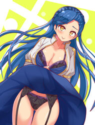  :p adjusting_bra adjusting_clothes aged_up ass_visible_through_thighs asymmetrical_bangs black_garter_belt black_panties blue_hair blue_skirt blush bra braid breasts cleavage closed_mouth clothes_lift commission cougar_(cougar1404) dutch_angle female garter_belt grey_shirt high_collar honzuki_no_gekokujou juliet_sleeves long_hair long_sleeves looking_at_viewer medium_breasts medium_skirt myne_(honzuki_no_gekokujou) open_clothes open_shirt panties puffy_sleeves shirt skeb_commission skirt skirt_lift smile solo standing thigh_gap tongue tongue_out underwear wind wind_lift yellow_eyes 