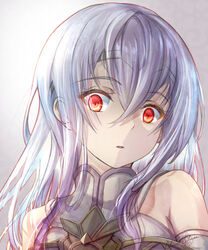  absurdres bare_shoulders circlet clear_glass_(mildmild1311) commentary_request corruption dress female fire_emblem fire_emblem:_genealogy_of_the_holy_war fire_emblem_heroes hair_between_eyes highres julia_(fire_emblem) julia_(heart_usurped)_(fire_emblem) long_hair mind_control purple_hair red_eyes simple_background solo staring 