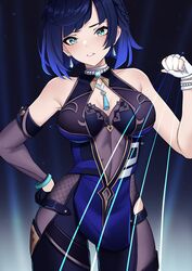  aqua_eyes bare_shoulders black_gloves black_pants blue_hair breasts cleavage commentary cowboy_shot earrings female fingerless_gloves genshin_impact gloves highres jewelry leggings looking_at_viewer medium_breasts pants parted_lips short_hair sleeveless solo standing white_gloves yan_kodiac yelan_(genshin_impact) 