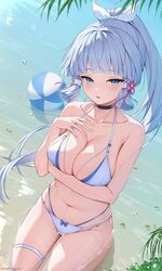  absurdres arm_under_breasts ball bare_shoulders beachball bikini blue_hair blush bow bow_swimsuit breasts cleavage female genshin_impact hair_ornament hairbow halterneck highres kamisato_ayaka kneeling large_breasts leaf light_blue_hair long_hair looking_at_viewer mole mole_under_eye ocean outdoors partially_submerged ponytail rosumerii sand solo string_bikini swimsuit water_drop white_bikini 