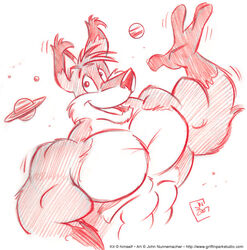  2007 anthro big_biceps big_muscles big_pecs canid canine cooner fox gesture kit_(macrokit) macro male mammal muscular muscular_anthro muscular_arms muscular_male pecs planet_dwarfing simple_background space terra_macro toony waving waving_at_viewer 