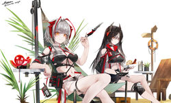  2girls absurdres arknights bare_shoulders black_hair grey_hair highres holding holding_knife ines_(arknights) knife milktea_wegan multiple_girls simple_background swimsuit thighs twitter_username w_(arknights) white_background yellow_eyes 