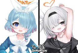  2girls :d arm_up armpits arona_(blue_archive) bare_arms bare_shoulders black_hairband black_jacket black_sailor_collar black_shirt blue_archive blue_eyes blue_hair blue_shirt blush bow braid choker collarbone dokomon grey_eyes grey_hair hair_over_one_eye hair_ribbon hairband halo hands_on_own_hips head_tilt highres jacket korean_text long_hair long_sleeves looking_at_viewer multicolored_hair multiple_girls open_clothes open_jacket open_mouth pink_hair plana_(blue_archive) puffy_long_sleeves puffy_sleeves ribbon sailor_collar shirt single_braid smile sweat two-tone_hair upper_body wavy_mouth white_background white_bow white_choker white_hairband white_ribbon white_sailor_collar 