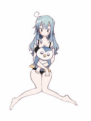  ahoge bare_arms bare_legs bikini black_bikini blue_hair breasts cleavage clenched_hands closed_mouth female frown full_body h_kawa hair_over_shoulder holding holding_stuffed_toy hugging_object large_breasts light_blush long_hair original sitting solo straight-on stuffed_animal stuffed_penguin stuffed_toy swimsuit white_background white_eyes 