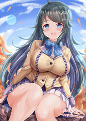  :d ahoge autumn_leaves black_hair blue_bow blue_eyes blue_sky blush bow breasts brown_jacket cloud collared_shirt commentary_request dated day diagonal-striped_bow diagonal_stripes female hair_ornament hairclip happy_birthday highres inohara_koboshi jacket large_breasts looking_at_viewer ongeki outdoors pleated_skirt purple_skirt shirt sitting skirt sky smile solo striped swept_bangs white_shirt xenon_(for_achieve) 