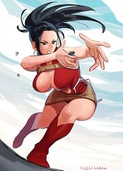  belt black_eyes black_hair bodysuit boku_no_hero_academia boots breasts commentary_request female flying_sweatdrops full_body large_breasts long_hair navel ohhhhhhtsu ponytail red_bodysuit red_footwear solo sweatdrop yaoyorozu_momo 