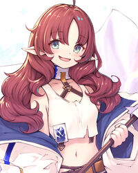  :d ahoge arknights bare_shoulders belt blush coat collarbone crop_top earrings female gogatsu_no_renkyuu green_eyes holding_banner jewelry long_hair long_sleeves looking_at_viewer midriff myrtle_(arknights) navel off_shoulder open_clothes open_coat open_mouth pointy_ears red_hair simple_background smile solo stomach upper_body white_background white_coat 