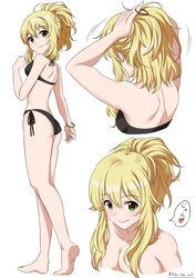  absurdres ahoge alternate_hairstyle ass bare_shoulders barefoot bikini black_bikini blonde_hair blush breasts cleavage collarbone commentary_request female green_eyes hair_lift hand_in_own_hair hands_in_hair highres holding holding_own_hair hoshii_miki idolmaster long_hair medium_breasts multiple_views ponytail side-tie_bikini_bottom smile swimsuit takatsuki_p thighs tying_hair 