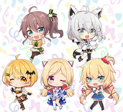  1st_generation_(hololive) 5girls ahoge akai_haato akai_haato_(1st_costume) aki_rosenthal aki_rosenthal_(sleepwear) animal_ears bat_hair_ornament black_gloves black_thighhighs blonde_hair blue_eyes blue_skirt braid breasts brown_hair brown_pantyhose chibi cleavage cropped_shirt detached_sleeves double_v fingerless_gloves fox_ears fox_girl fox_shadow_puppet fox_tail gloves hair_ornament hair_ribbon heart heart_hair_ornament highres hololive hood hoodie long_hair medium_breasts multiple_girls natsuiro_matsuri natsuiro_matsuri_(1st_costume) navel open_mouth ousawa_kanata pantyhose red_ribbon ribbon shirakami_fubuki shirakami_fubuki_(1st_costume) shirt side_ponytail single_braid single_thighhigh skirt small_breasts smile tail teeth thigh_strap thighhighs twintails upper_teeth_only v virtual_youtuber white_hoodie white_shirt white_sleeves yellow_eyes yellow_shirt yozora_mel yozora_mel_(2nd_costume) 