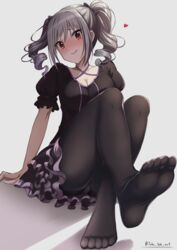  absurdres black_dress black_pantyhose breasts cameltoe cleavage collarbone crossed_legs dress drill_hair feet female foot_focus foreshortening grey_background grey_hair head_tilt heart highres idolmaster idolmaster_cinderella_girls kanzaki_ranko long_hair looking_at_viewer medium_breasts no_shoes panties panties_under_pantyhose pantyhose pantyshot puffy_short_sleeves puffy_sleeves red_eyes short_sleeves sitting smile soles solo takatsuki_p thighs toes twin_drills twitter_username underwear 