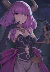  absurdres aura_(sousou_no_frieren) balance_scale bare_shoulders black_gloves blue_eyes braid breasts cleavage clothing_cutout demon_girl demon_horns detached_collar elbow_gloves female gloves grin highres holding_scale horns karadborg looking_at_viewer medium_breasts medium_hair multiple_braids navel navel_cutout pink_hair sash skirt smile solo sousou_no_frieren weighing_scale white_skirt 