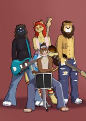  absurd_res accessory anthro bass_guitar black_body black_fur bottomwear bracelet braided_hair braided_mane brown_body brown_fur brown_hair canid canine clothing denim denim_bottomwear denim_clothing domestic_cat dress drum drumming_stick eyewear felid feline felis female fennec_fox fox fur group guitar hair hare headband hi_res isaac_(spring_grove) jack_(spring_grove) jeans jewelry lagomorph leporid lion male mammal musical_instrument necklace pantherine pants percussion_instrument percussion_mallet plucked_string_instrument red_background red_hair rutan_qilin scarlet_(spring_grove) simple_background string_instrument sunglasses torn_clothing true_fox white_body white_fur willow_(spring_grove) yellow_body yellow_fur 