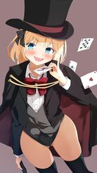  ass_visible_through_thighs black_cloak black_hat black_jacket black_leotard black_thighhighs blonde_hair blue_eyes blush cane card cloak commission female grey_vest groin hat highleg highleg_leotard highres jacket leotard long_hair looking_at_viewer miyuki_(yxbt7) oerba_yun_fang open_mouth original phantom_thief phantom_thief_(kkmomo67) playing_card red_cloak red_leotard shirt skeb_commission smile solo thighhighs thighs top_hat two-sided_cloak two-sided_fabric vest white_shirt 