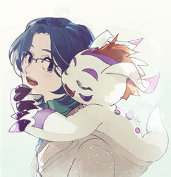  bandai_namco claws closed_eyes digimon digimon_(species) eyewear feral fur glasses gomamon hair hug human joe_kido lanllan male mammal red_hair white_body white_fur 