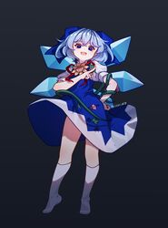  :d artist_name blue_dress blue_eyes blue_hair blue_ribbon cirno dress female flower full_body hair_ribbon highres kneehighs looking_at_viewer no_shoes plant red_ribbon ribbon short_hair short_sleeves smile socks solo sunflower tiptoes tojorin touhou touhou_lost_branch_of_legend vines white_sleeves white_socks wings 